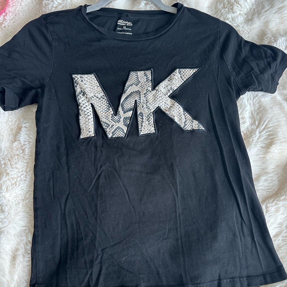 Michael Kors Black Tee with Snakeskin MK Logo